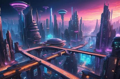 Ficción panorámica Cyberpunk Futuristic City con letreros de neón y