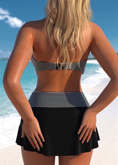 Patchwork Striped Surplice Black Bikini Set Rosewe Usd