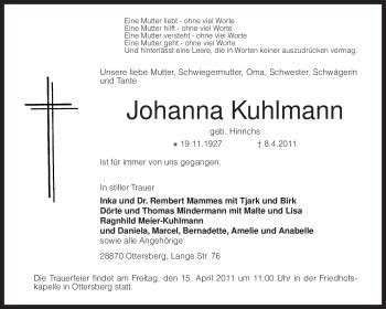 Traueranzeigen Von Johanna Kuhlmann Trauer Kreiszeitung De