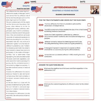 Jeffersonian Era Reading Comprehension | Thomas Jefferson Revolution of ...