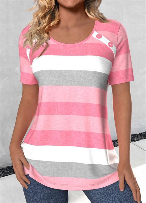 Rotita Button Striped Light Pink Round Neck T Shirt Rotita Usd