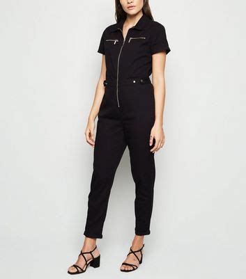 Black Zip Up Denim Utility Boilersuit New Look