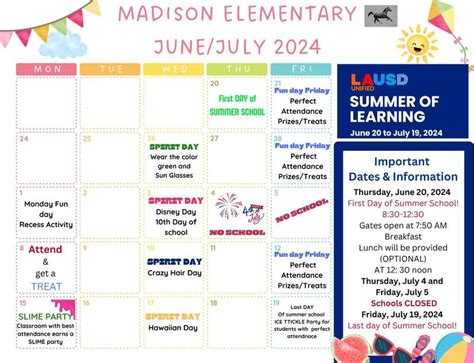 Summer School Calendar Madison Elementary