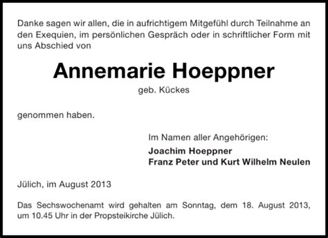 Traueranzeigen Von Annemarie Hoeppner Aachen Gedenkt