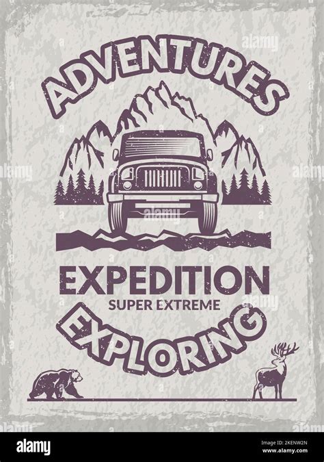 Exploration poster. placard with symbols of wild adventure on suv car ...