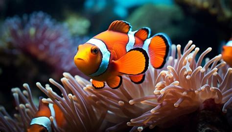 Premium AI Image Clown Fish Swimming In Vibrant Reef Showcasing