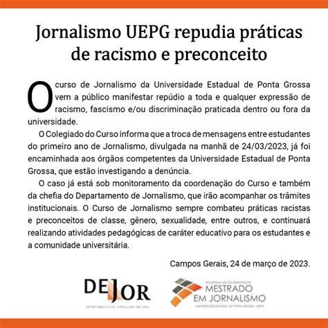 Jornalismo UEPG repudia práticas de racismo e preconceito Colegiado