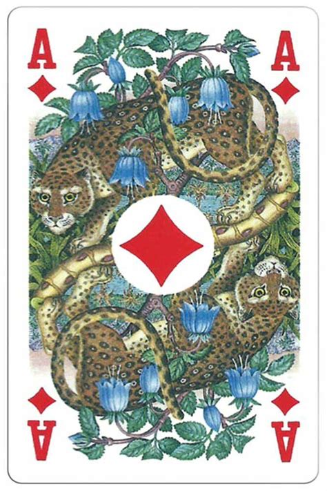 A Playing Card With Two Leopards And Blue Flowers On The Front