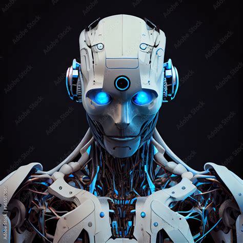 Robot Android With Blue Lights Isolated In Black Background Created