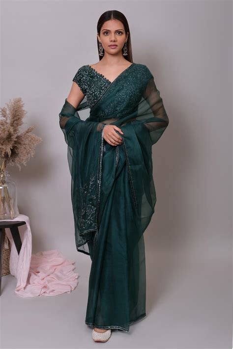 Buy Green Saree Organza Hand Embroidered Cut Rani Placement With Blouse