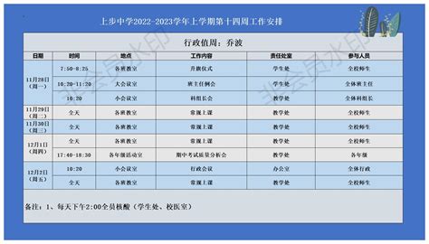 2022 2023学年度（上）第十四周工作安排周工作计划上步中学