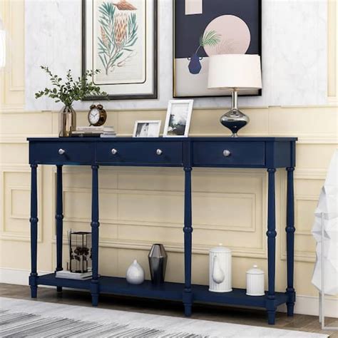 URTR 58 In Navy Rectangle Solid Wood Narrow Console Table Entryway