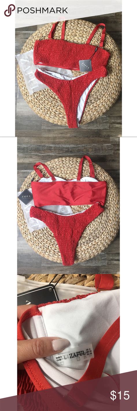 Nwot Zaful Smocked Bandeau Bikini Set Lava Red Bikinis Smocked