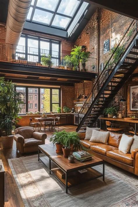 Lofted apartment with skylight windows in black trim brick walls ...