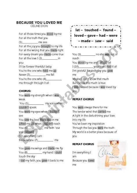 Because You Loved Me Song - ESL worksheet by kokita