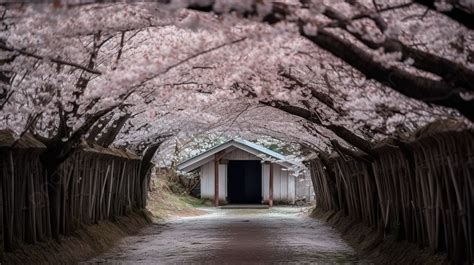 Fundo Um Arco Que Conduz Através De Um Caminho De Cerejeiras Fundo