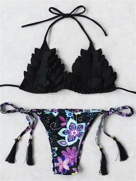 Calico Print Frill Detail Tassel Tie Bikini Set Tie Bikini Set