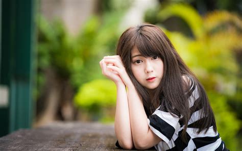 Images Brown Haired Bokeh Pretty Girls Asian Hands Staring 3840x2400