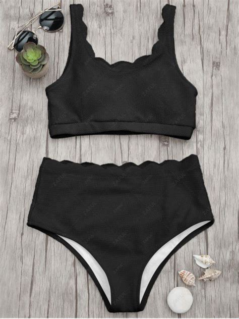 Scalloped High Waisted Bralette Bikini Set BLACK Bikinis L ZAFUL