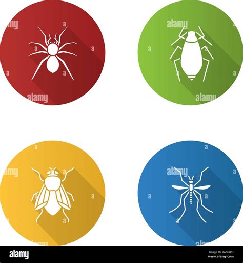 Insects Flat Design Long Shadow Glyph Icons Set Spider Aphid