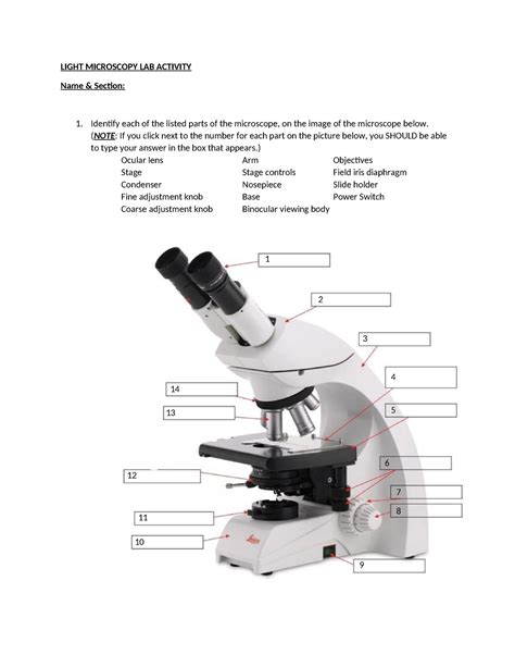 1 Light Microscopy Lab Activity LIGHT MICROSCOPY LAB ACTIVITY Name