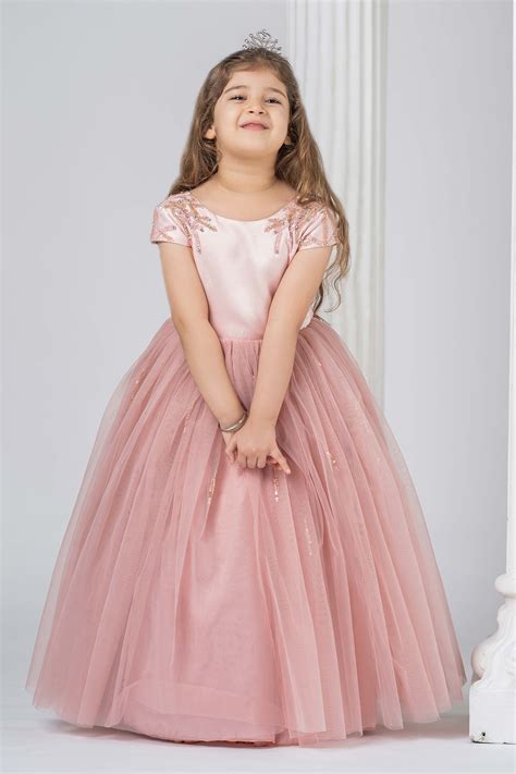 Buy Pink Satin Embroidery Sequin And Stones Princess Gown For Girls By