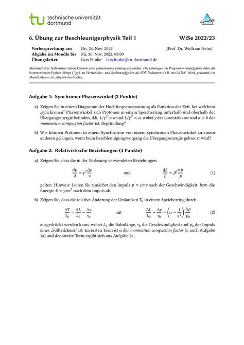 Beschleunigerphysik I Übung 6 Wi Se 22 23 6 Übung zur