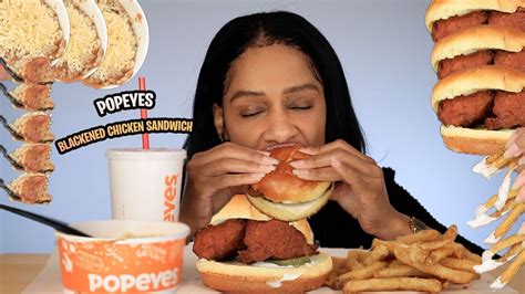 Eating Popeyes New Blackened Chicken Sandwich Review Mukbang Fries Female Foodie Asmr