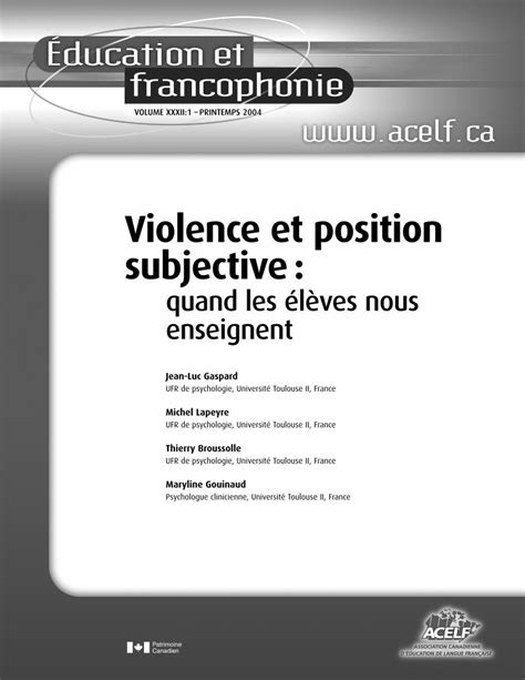 Pdf Violence Et Position Subjectivela Violence En Milieu Scolaire