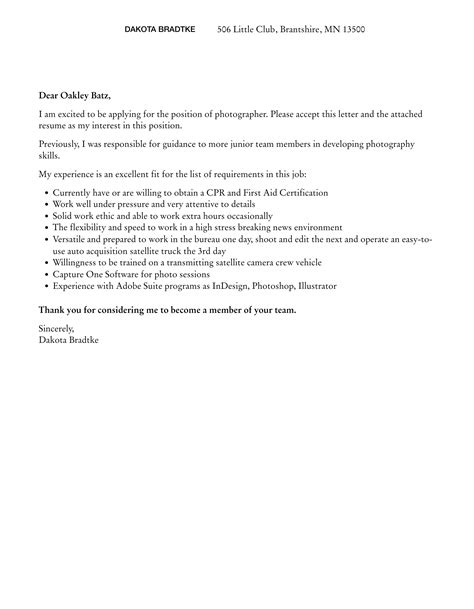 Photographer Cover Letter Velvet Jobs