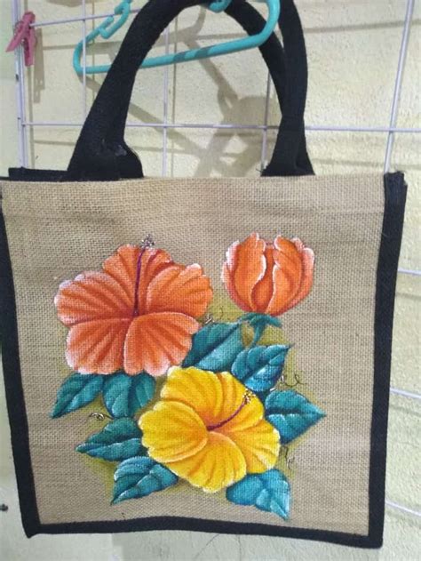 BOLSA DE YUTE HIBISCOS Manteles Pintados En Tela Bolsas De Yute