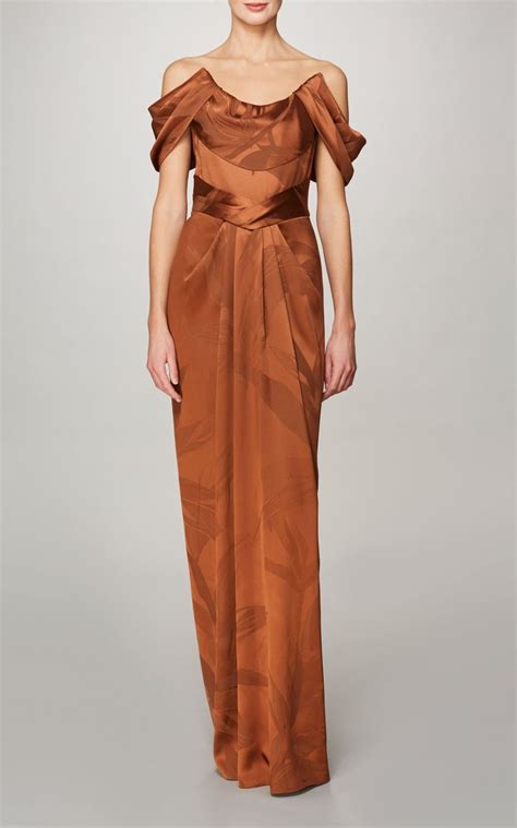 Pamella Roland Women S Off The Shoulder Satin Jacquard Gown Brown