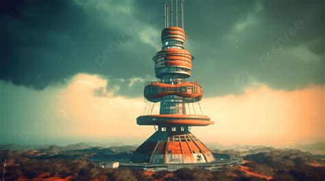 Seni Konsep Retro Futuristik 3d Dari Menara Atom Di Dunia Fiksi Ilmiah