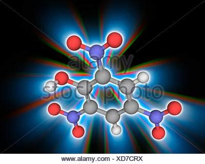 Picric acid. Molecular model of the phenol picric acid (C6.H3.N3.O7 ...