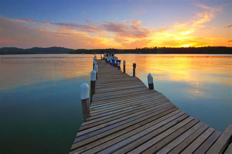 wooden dock  sunset view  stock photo