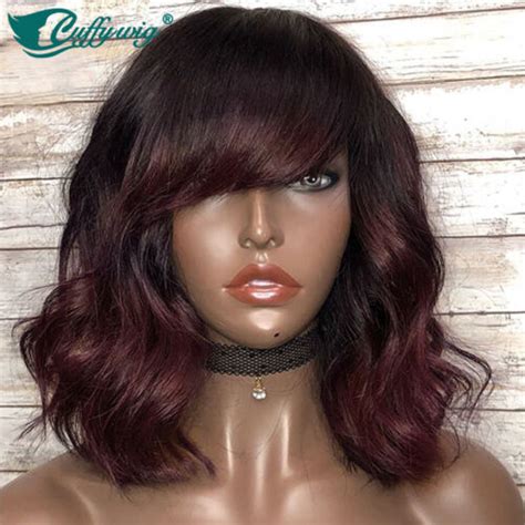 1b99j Ombre Color Short Wave Bob Full Machine Made Human Hair Wigs With Bangs Ebay