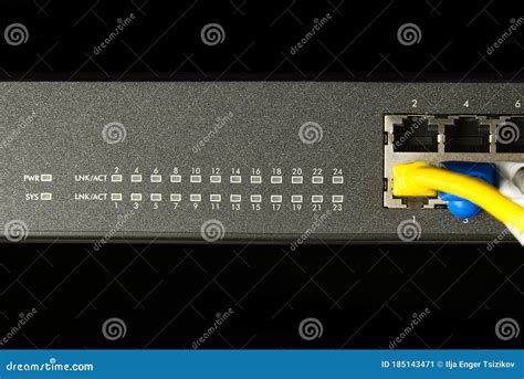 Network Switch And Ethernet Cable In Rack Cabinet Network Connection Technology Thrue Cat6 And