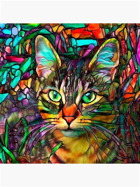 Stained Glass Tabby Cat Square Format Poster By Peggycollinsart Redbubble