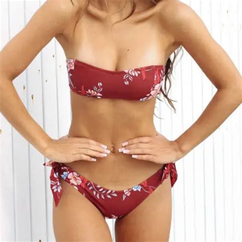 Hot Summer Sexy Women Strapless Bandeau Push Up Floral Bikini Set