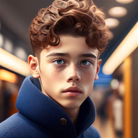 Premium AI Image | A boy with curly hair and blue eyes looks at the ...