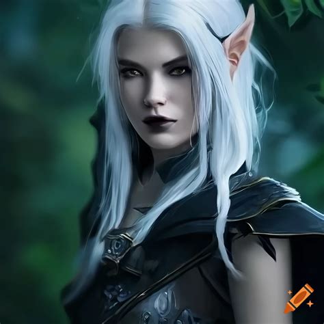 Female Elf In Leather Armor With Glaive And Silver Hair In A Fantasy