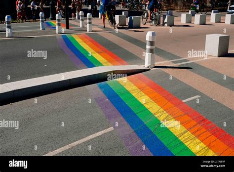 Geneva Switzerland August Pedestrian Crossings With The Gay Pride Rainbow Flag On
