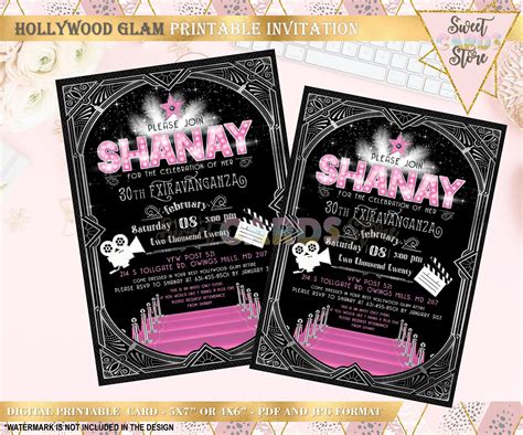 Hollywood Glam Printable Party invitation, Hollywood retro invitation, black pink silver ...