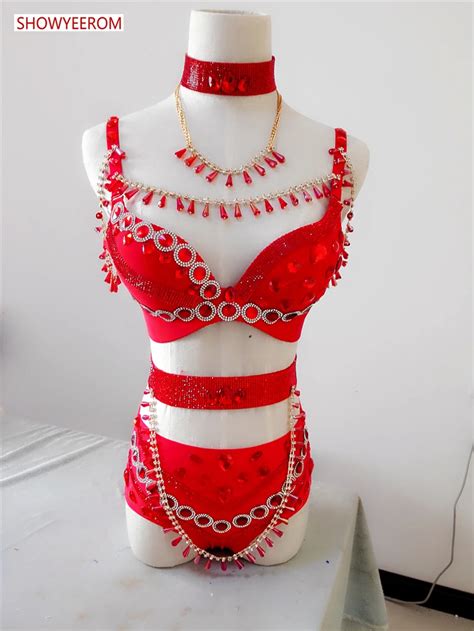 Women Sexy Rhinestones Red Bikini Outfit Nightclub Dance Costumes Stage