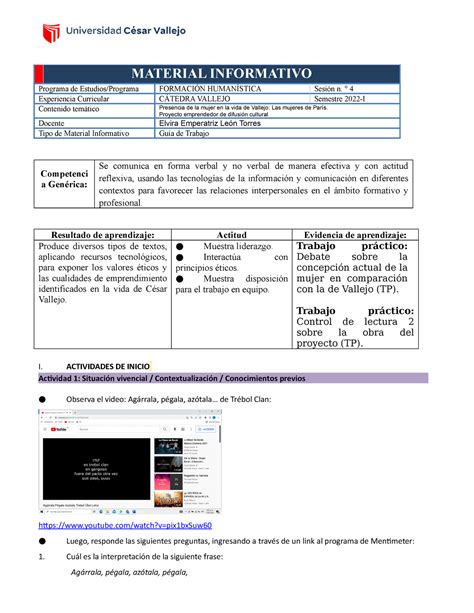 Gu A De Trabajo Material Informativo Programa De Estudios