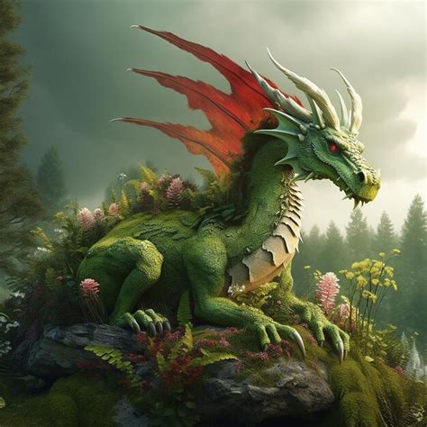 Premium AI Image | A green dragon with a red eye and a green tail is on ...