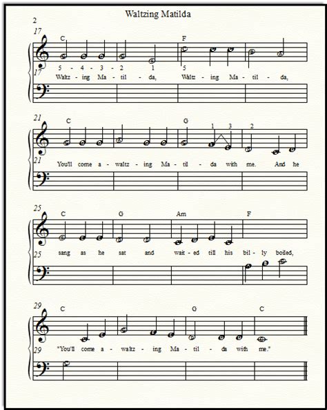 Free Popular Sheet Music Waltzing Matilda For Beginner Piano Solo Or Duets