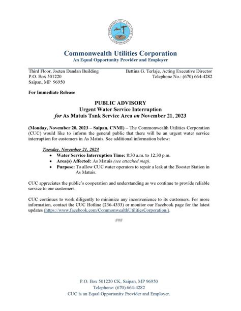 2023 11 20 Public Advisory Re Urgent Water Service Interruption For As