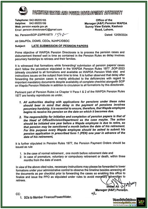 WAPDA Issues Urgent Reminder on Timely Submission of Pension Papers to