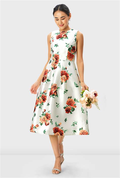 Shop Rose Print Poly Dupioni Fit And Flare Dress EShakti